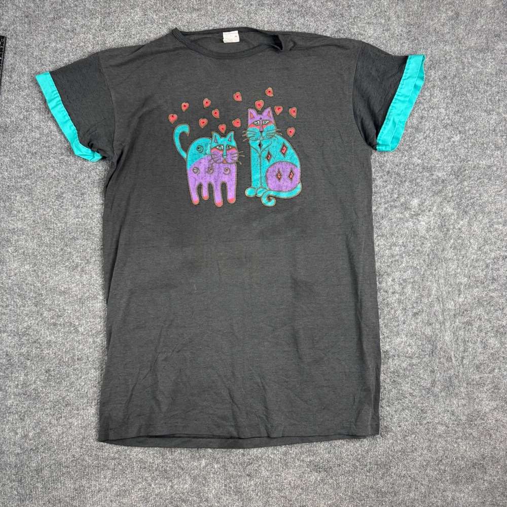 Jacqul T-Shirt Womens OS Gray Vintage Cat Graphic Hearts Contrast Cuff Hole